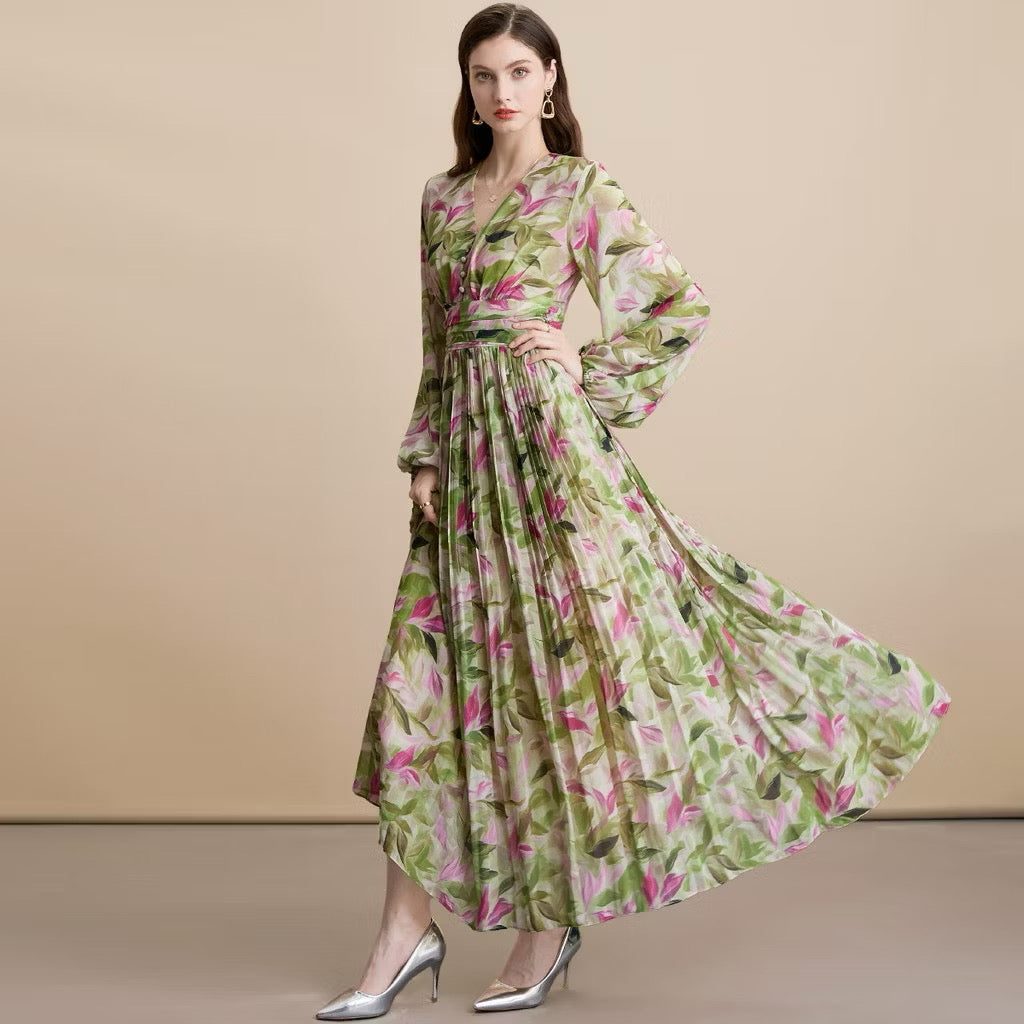 CM-DY054097 Women Elegant European Style Floral Print V-Neck Long Sleeve Pinched Waist Maxi Dress