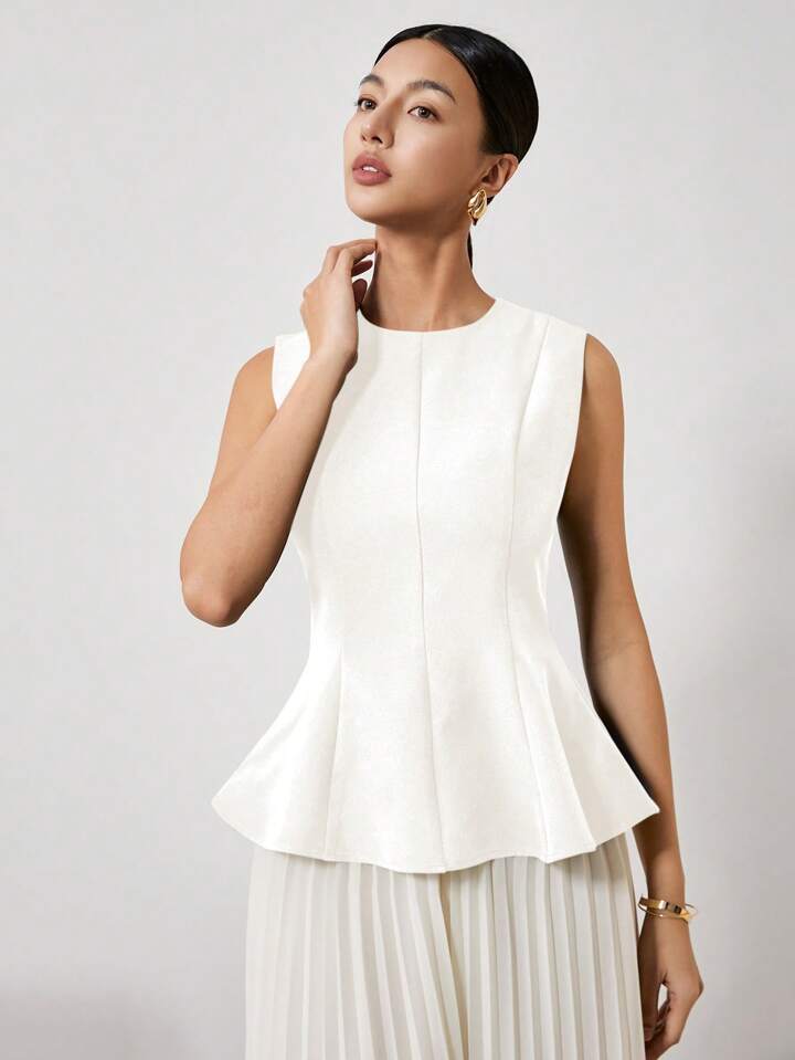 CM-TS192695 Women Elegant Seoul Style Solid Color Crew Neck Sleeveless Pleated Slim Fit T-Shirt - White