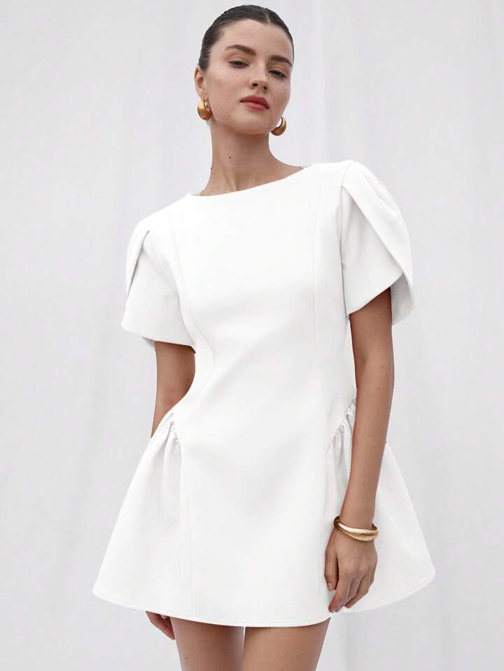 CM-DS855246 Women Elegant Seoul Style Tulip Print Puff Spliced Hem Round Neck Short Sleeve Dress - White