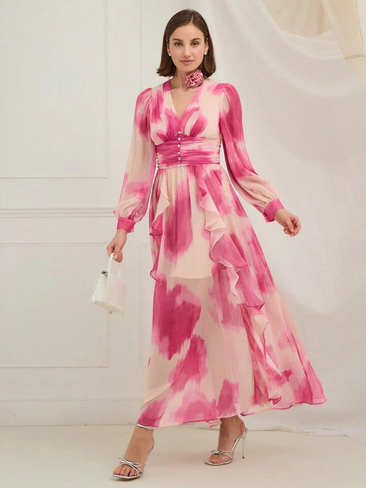 CM-DS202733 Women Elegant Seoul Style V-Neck Front Button Long Sleeve Printing Ruffle Hem Dress - Pink