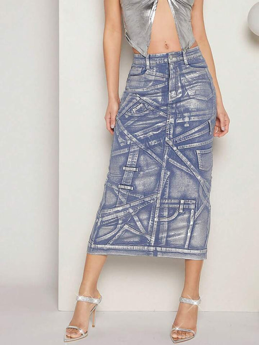 CM-BS886855 Women Casual Seoul Style Medium Wash Geometric High Waist Straight Denim Skirt
