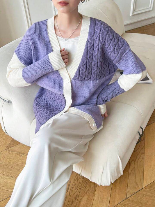 CM-CS851370 Women Casual Seoul Style Colorblock Drop Shoulder Long Sleeve Loose Open Cardigan