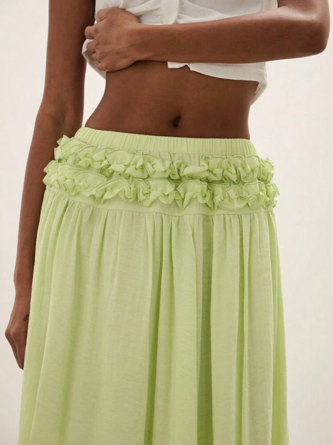 CM-BS715664 Women Trendy Bohemian Style Plain Minimalist Frill Trim Skirt - Lime Green