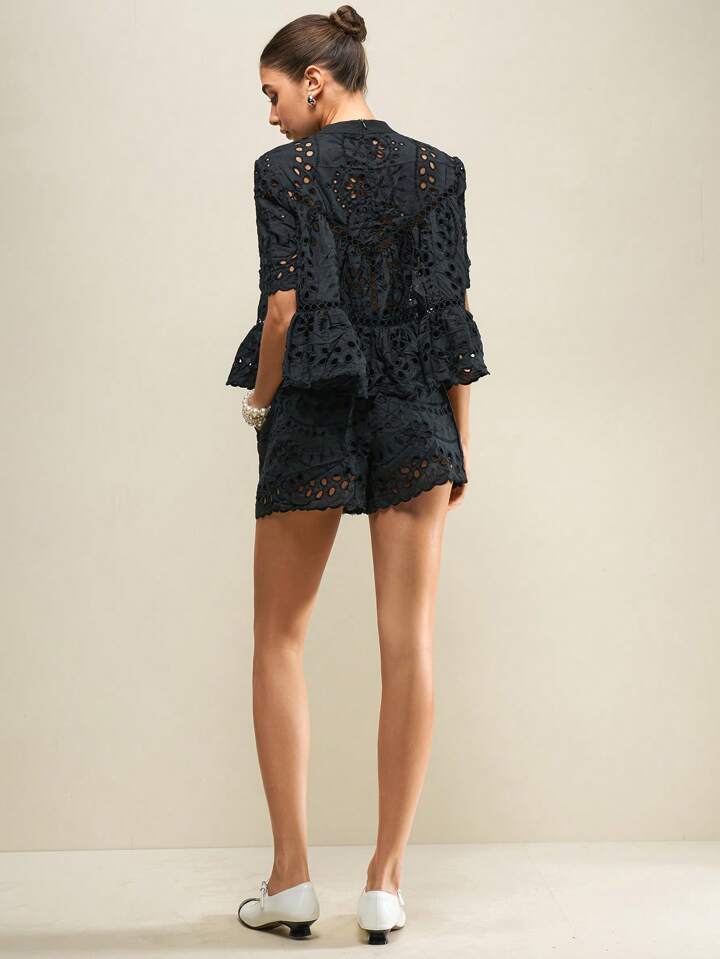 CM-SS113155 Women Casual Seoul Style Hollow Out Embroidered Loose Blouse With Wide Loose Shorts - Set