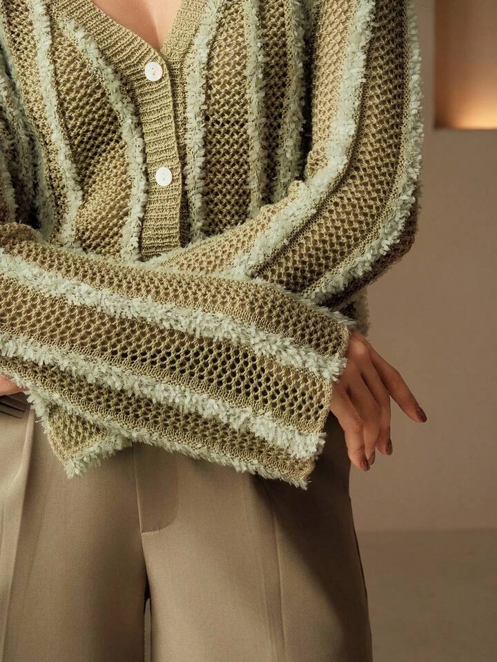 CM-CS844479 Women Casual Seoul Style V-Neck Long Sleeve Single-Breasted Striped Hollow Out Knitted Cardigan