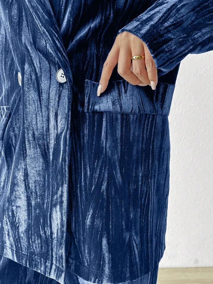 CM-SS621602 Women Elegant Seoul Style Stand Collar Long Sleeve Velvet Jacket With Straight Leg Pants Suit - Dusty Blue