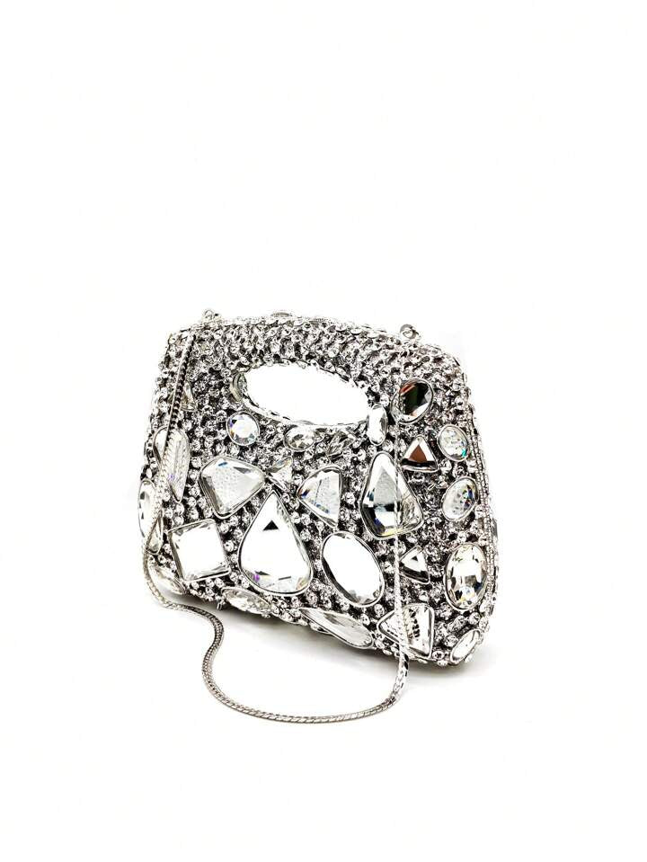 CM-BGS369899 Women Elegant Seoul Style Handmade Glass Rhinestone Clutch Bag - Silver