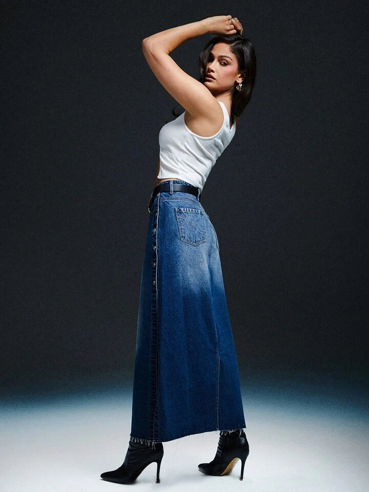 CM-BS662032 Women Casual Seoul Style Medium Wash High Side Slit Snap Button Maxi Skirt