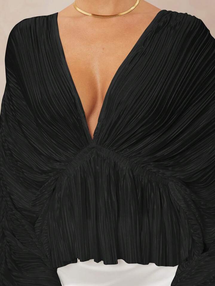 CM-TS291833 Women Elegant Seoul Style Deep V-Neck Long Sleeve Loose Fit Ruffled Hem  Oversized Blouse - Black