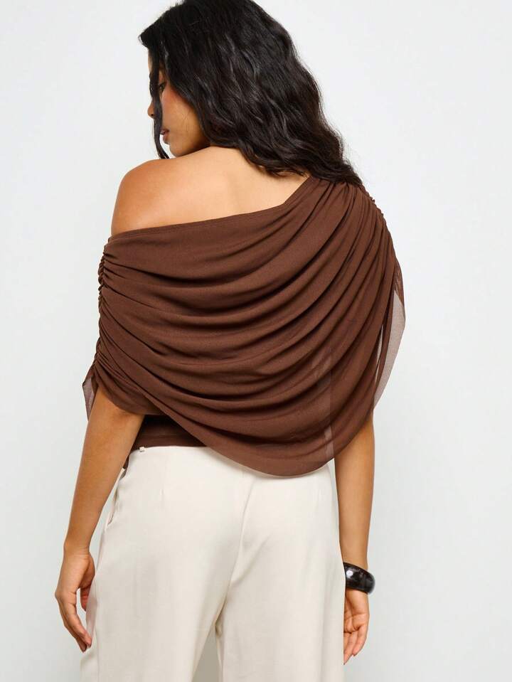 CM-TS305688 Women Elegant Seoul Style Off Shoulder Ruched Draped Long Sleeve Blouse - Brown