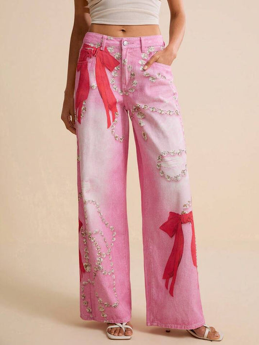 CM-BS460311 Women Casual Seoul Style Low Waist Diamond Necklace Butterfly Print Wide Leg Denim Pants - Pink