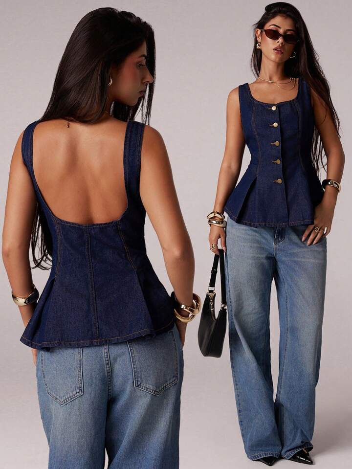 CM-TS395979 Women Elegant Seoul Style Scoop Neck Sleeveless Open Back Denim Top - Blue