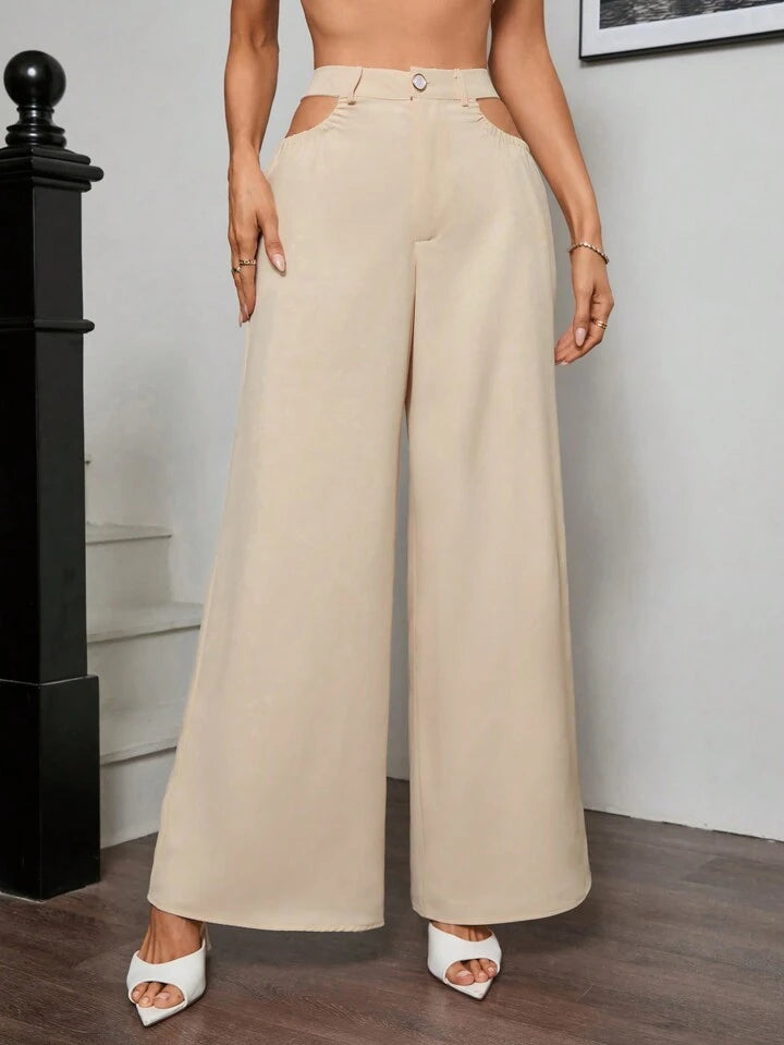 CM-BS011291 Women Elegant Seoul Style Solid Color High Waist Hollow Out Tie Straight Pants