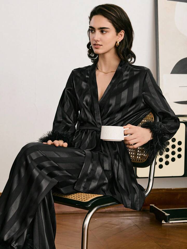 CM-LS242769 Women Trendy Seoul Style Striped Satin Wool Cuff Wrist-Length SleevePajama Set - Black