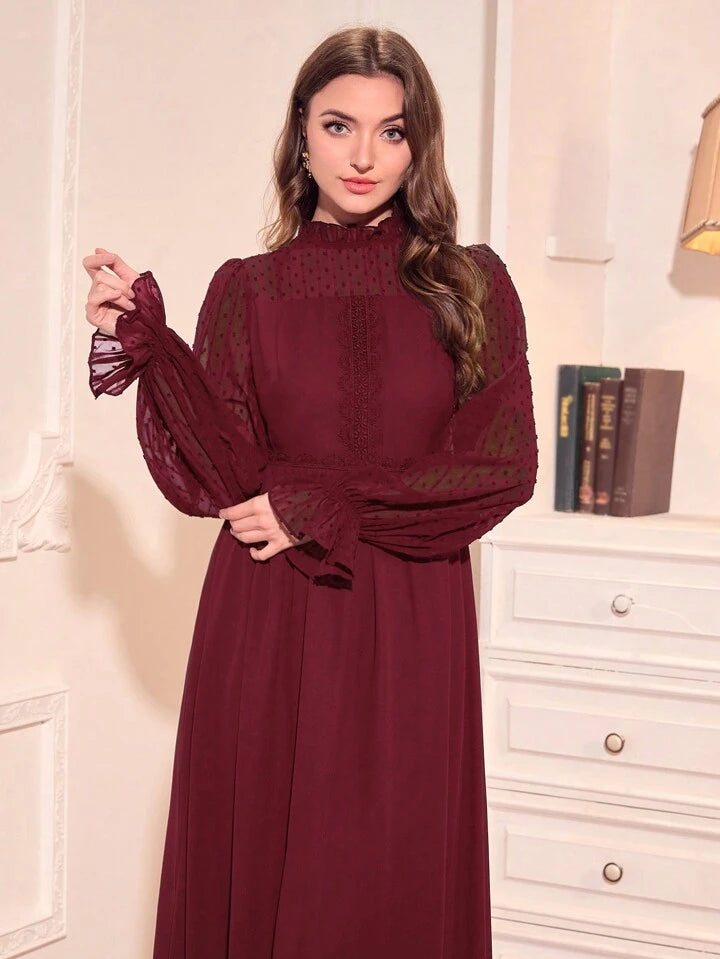 CM-DS265256 Women Elegant Seoul Style Stand Collar Long Sleeve Belted Dress - Burgundy