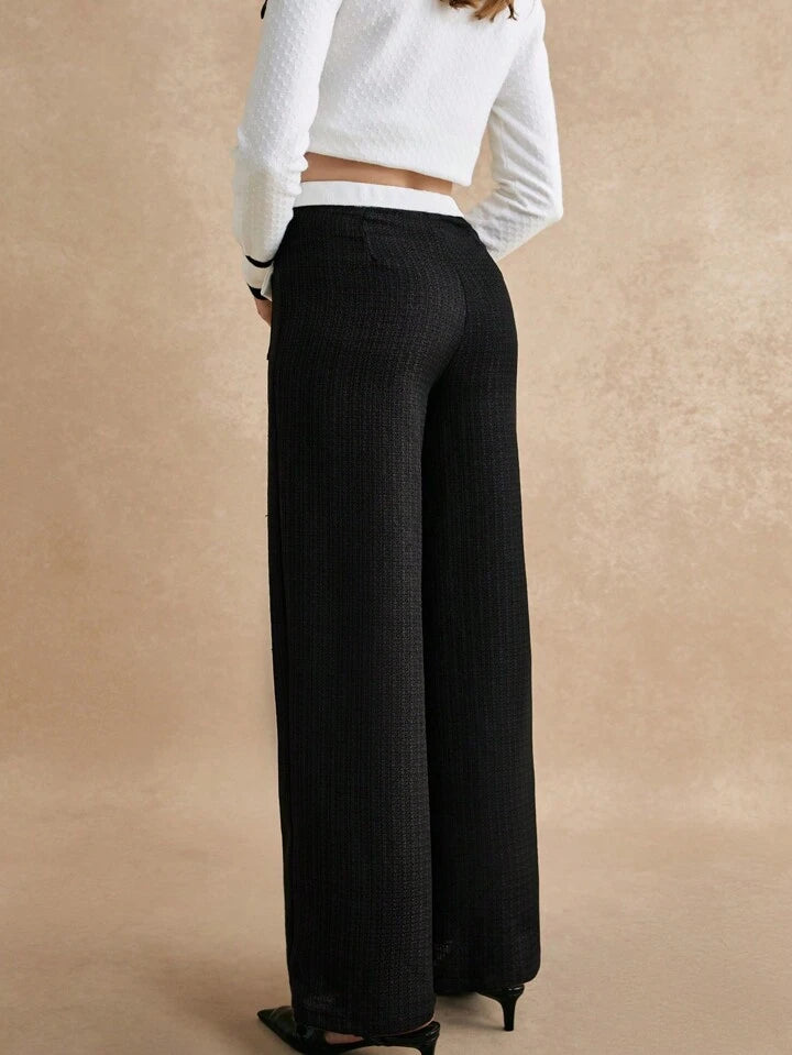 CM-BS914441 Women Elegant Seoul Style Tweed Patchwork Front Button Pocket Extra Long Pants