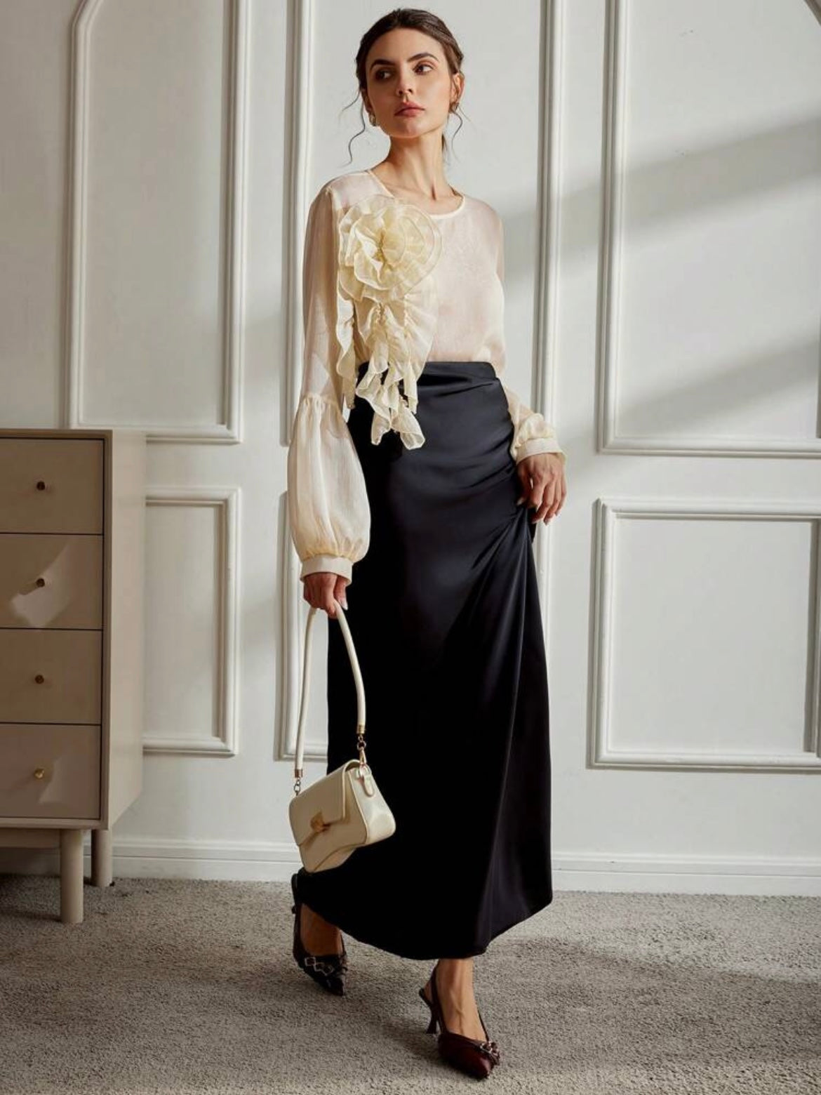 CM-TS856000 Women Elegant Seoul Style Sheer Textured 3D Floral Oversized Women Blouse - Yellow