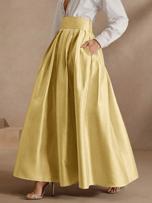 CM-BS095680 Women Elegant Seoul Style High Waisted Puff Pleated Long Skirt - Ginger