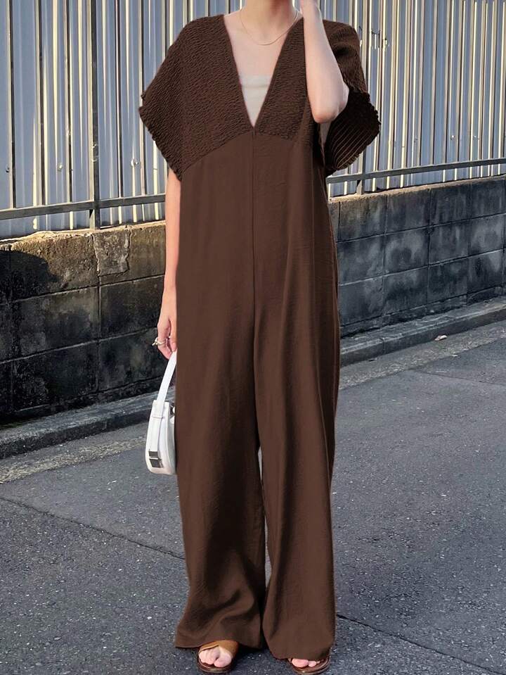 CM-JS662731 Women Trendy Bohemian Style V-Neck With Drawstring Jumpsuit Trousers - Brown