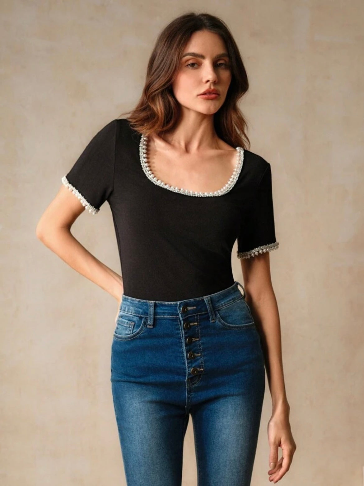 CM-TS752072 Women Casual Seoul Style Pearl Rhinestone Decor U-Neck Collar Short-Sleeved T-Shirt - Black