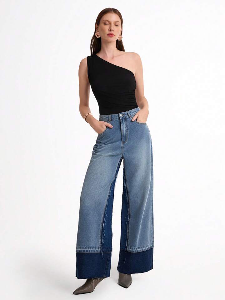 CM-BS052067 Women Casual Seoul Style Light Wash Colorblock Insert Pocket Loose Fit Wide Leg Jeans