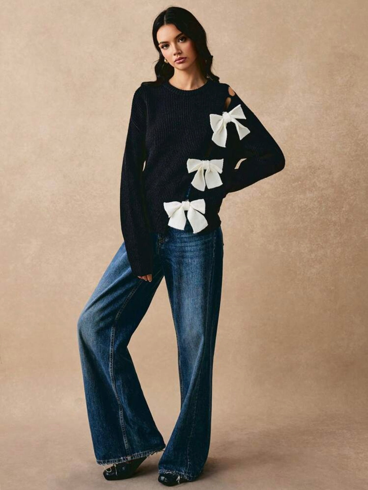 CM-CS928811 Women Casual Seoul Style Round Neck Bow Embellished Long Sleeve Sweater - Black