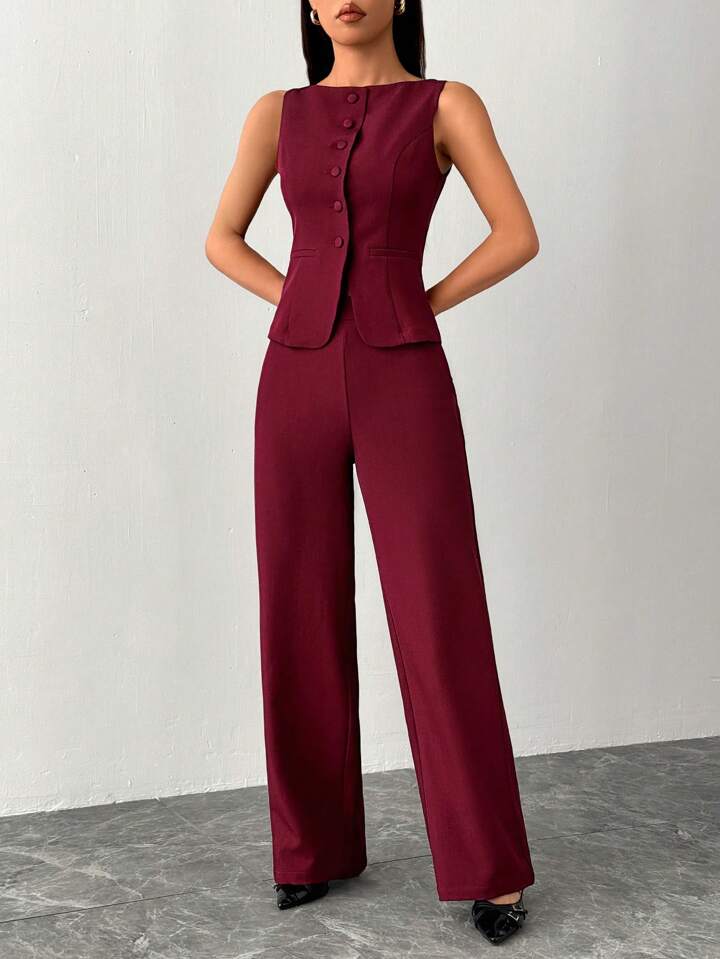 CM-SS055036 Women Elegant Seoul Style Solid Color Round Neck Single-Breasted Vest With Pants Suit - Burgundy