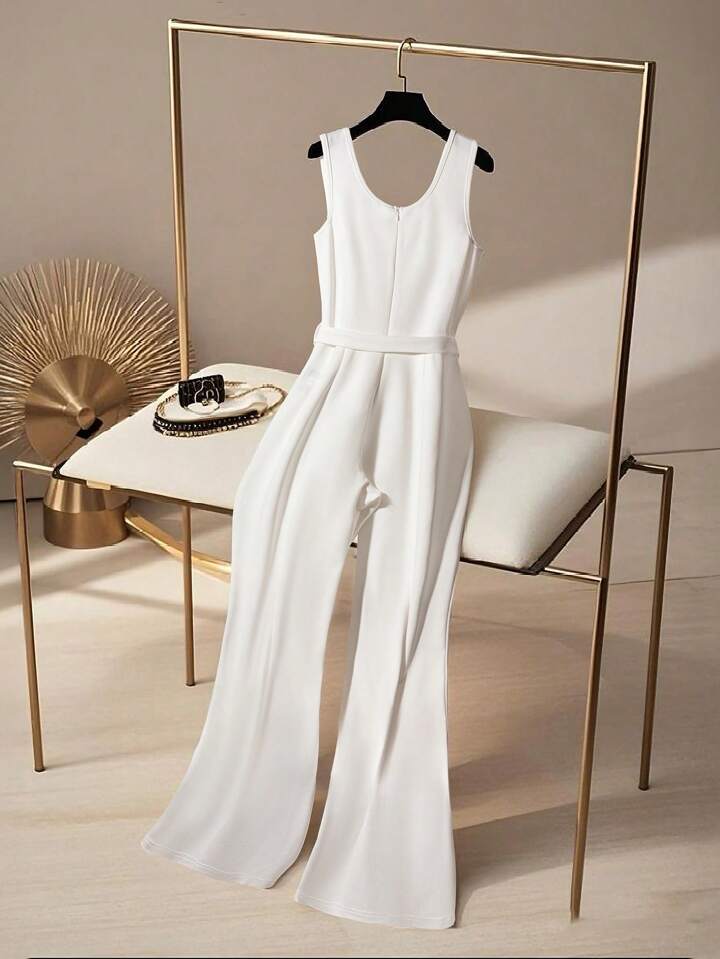 CM-JS203484 Women Elegant Seoul Style Solid Color V-Neck Sleeveless Pleated Wide Leg Jumpsuit - White