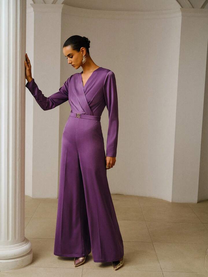 CM-JS525172 Women Elegant Seoul Style V-Neck Long Sleeve Satin Jumpsuit With Detachable Belt - Purple