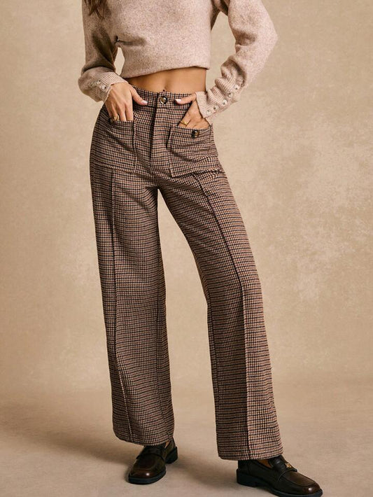 CM-BS058130 Women Casual Seoul Style Front Button Pocket Plaid Casual Pants - Khaki