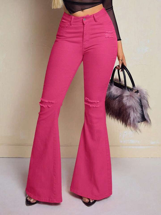 CM-BS440541 Women Casual Seoul Style Solid Color Frayed Hem Skinny Flared Jeans - Hot Pink