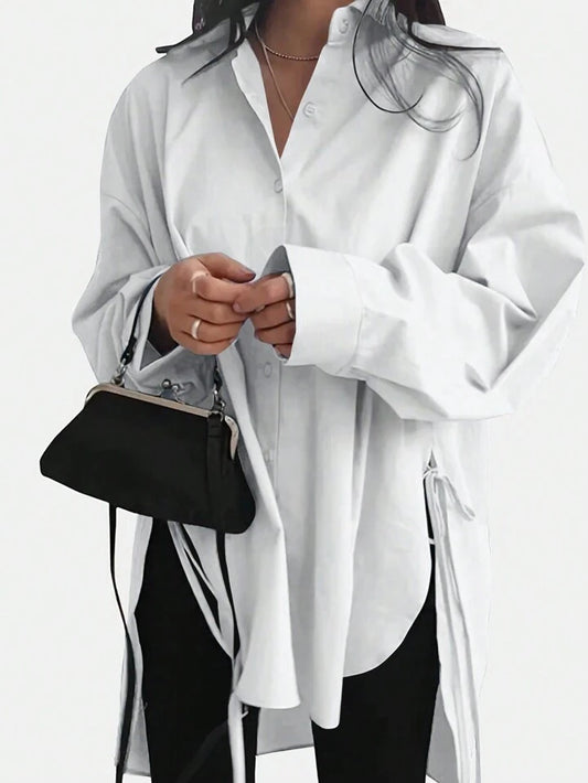 CM-TS758492 Women Casual Seoul Style Shirt Collar Batwing Long Sleeve Loose Shirt - White
