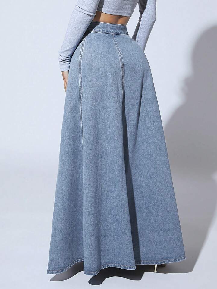 CM-BS877697 Women Casual Seoul Style Light Wash High Waist Button Front Extra Long Denim Skirt