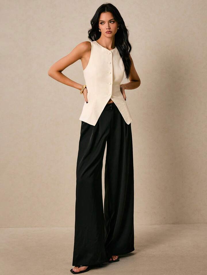 CM-TS066292 Women Elegant Seoul Style Solid Color Round Neck Button Down Sleeveless Asymmetrical Shirt - Apricot