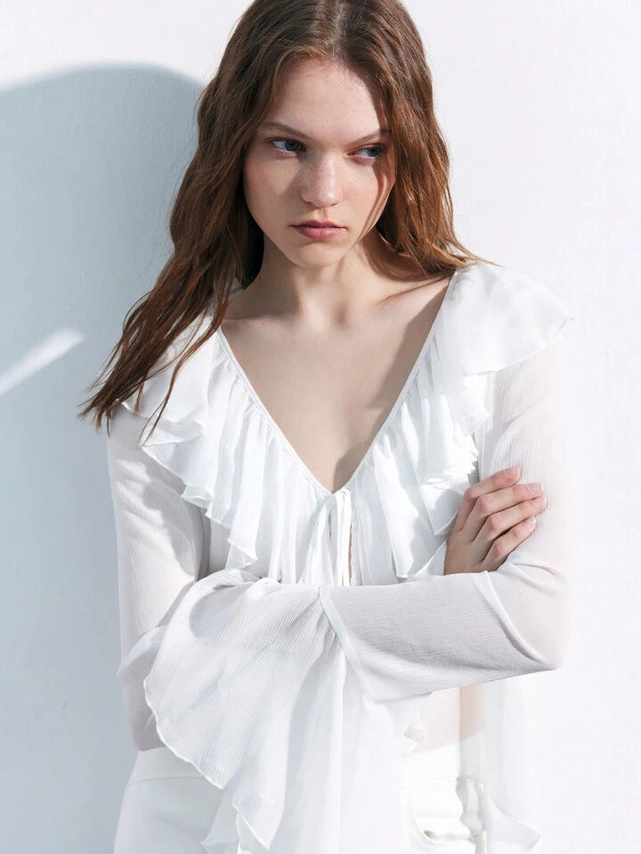CM-TS244649 Women Casual Seoul Style Solid Color Ruffle Trim Flare Sleeve Blouse - White