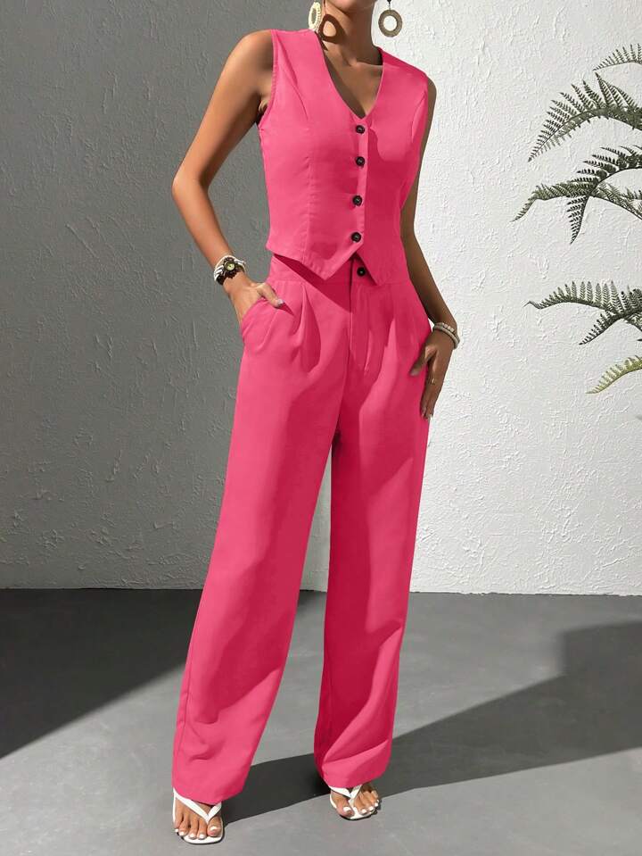 CM-SS665234 Women Elegant Seoul Style V-Neck Sleeveless Vest With Long Pants Suit - Watermelon Pink