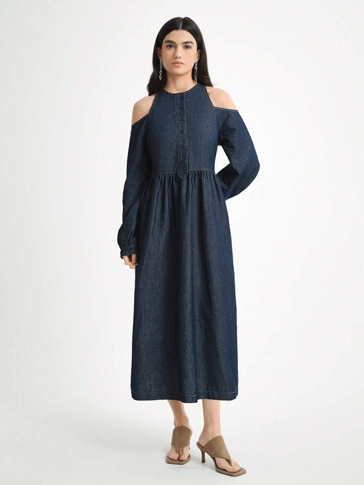 CM-DS377584 Women Casual Seoul Style Dark Wash Round Neck Lantern Sleeve A-Line Denim Dress