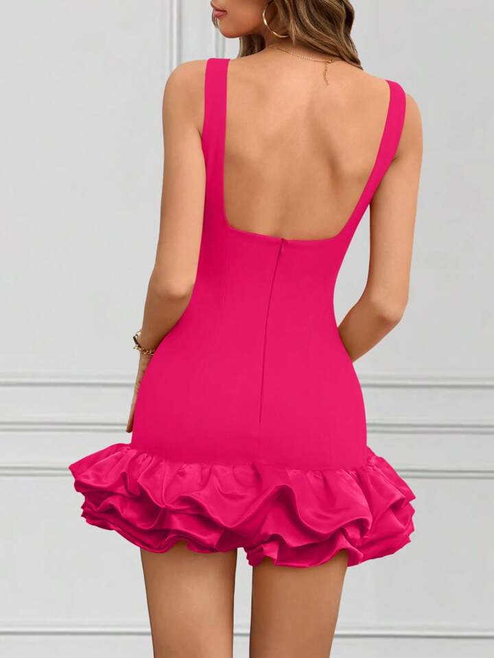 CM-DS365485 Women Elegant Seoul Style Round Neck Sleeveless Ruffle Hem Short A-Line Dress - Hot Pink