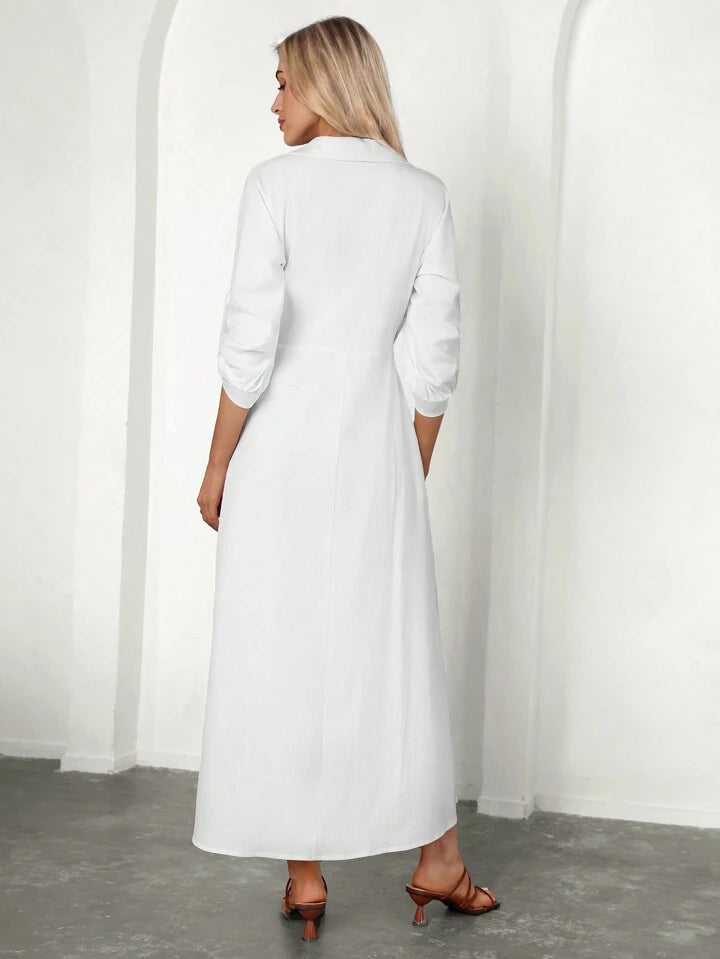 CM-DS504228 Women Casual Seoul Style Shirt Collar Rolled Up Sleeves Long Dress - White