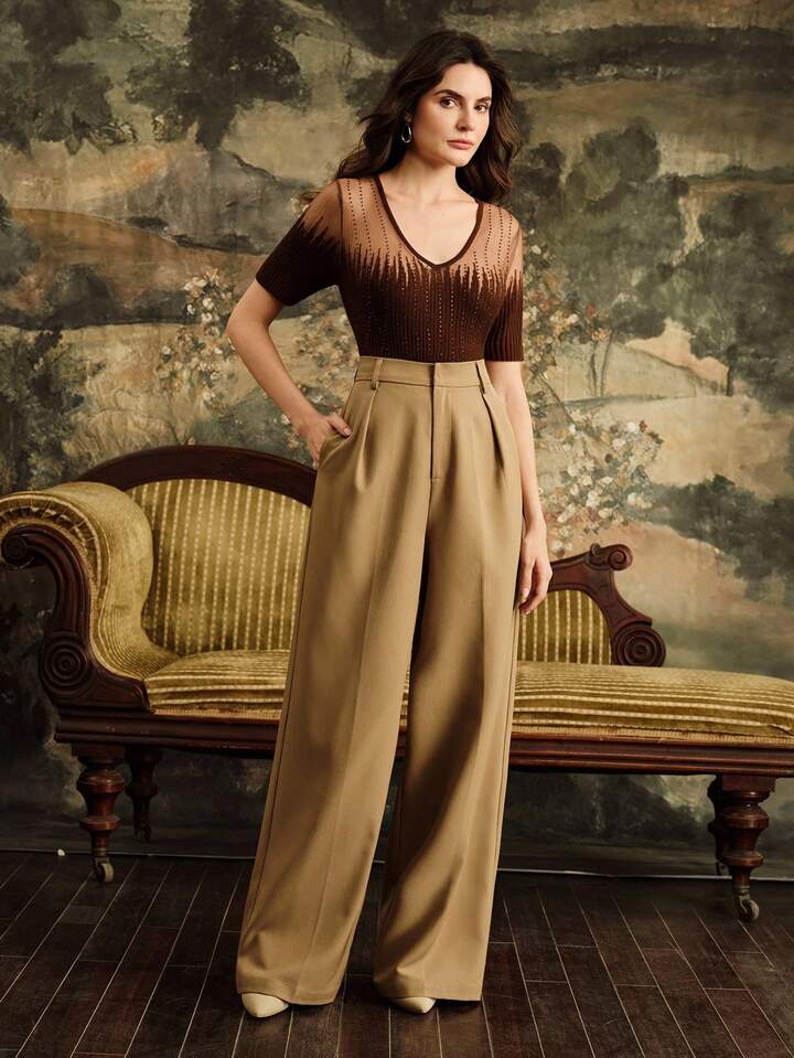 CM-CS952750 Women Elegant Seoul Style Rhinestone Embellished V-Neck Short Sleeve Knit Tops - Brown