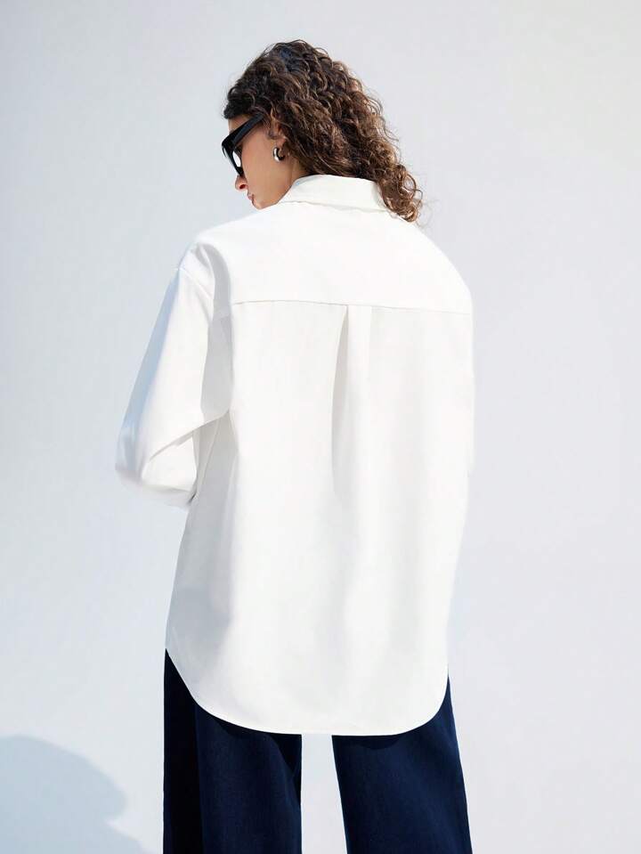 CM-TS827052 Women Casual Seoul Style Solid Collar Neckline Drop Shoulder Long Sleeve Blouse - White