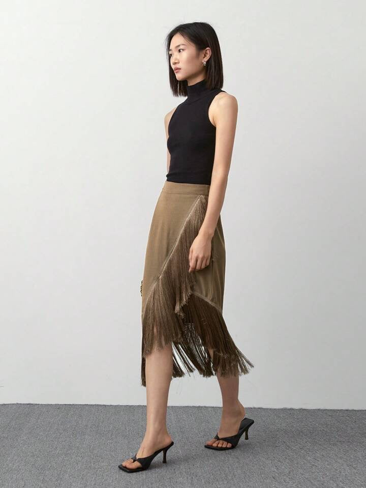 CM-BS733235 Women Trendy Bohemian Style Patchwork Tassel Knitted Skirt - Mocha Brown