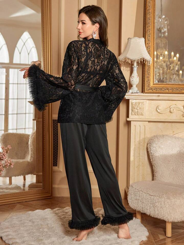 CM-LS048700 Women Trendy Seoul Style 3D Floral Lace Trim Sheer Top With Straight Leg Pants Pajama Set