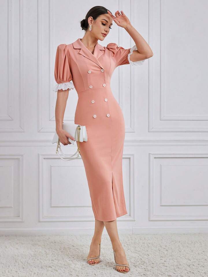 CM-DS022556 Women Elegant Seoul Style Lace Patchwork Double-Breasted Puff Sleeve Dress - Pink