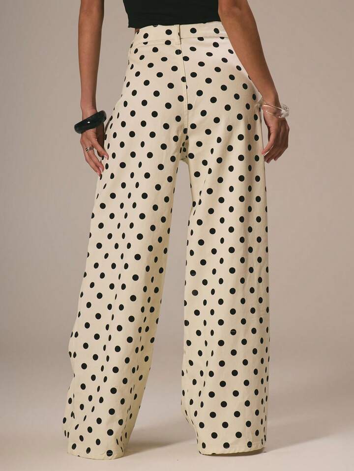 CM-BS299465 Women Casual Seoul Style Polka Dot Denim Straight Leg Mid Rise Jeans - Apricot