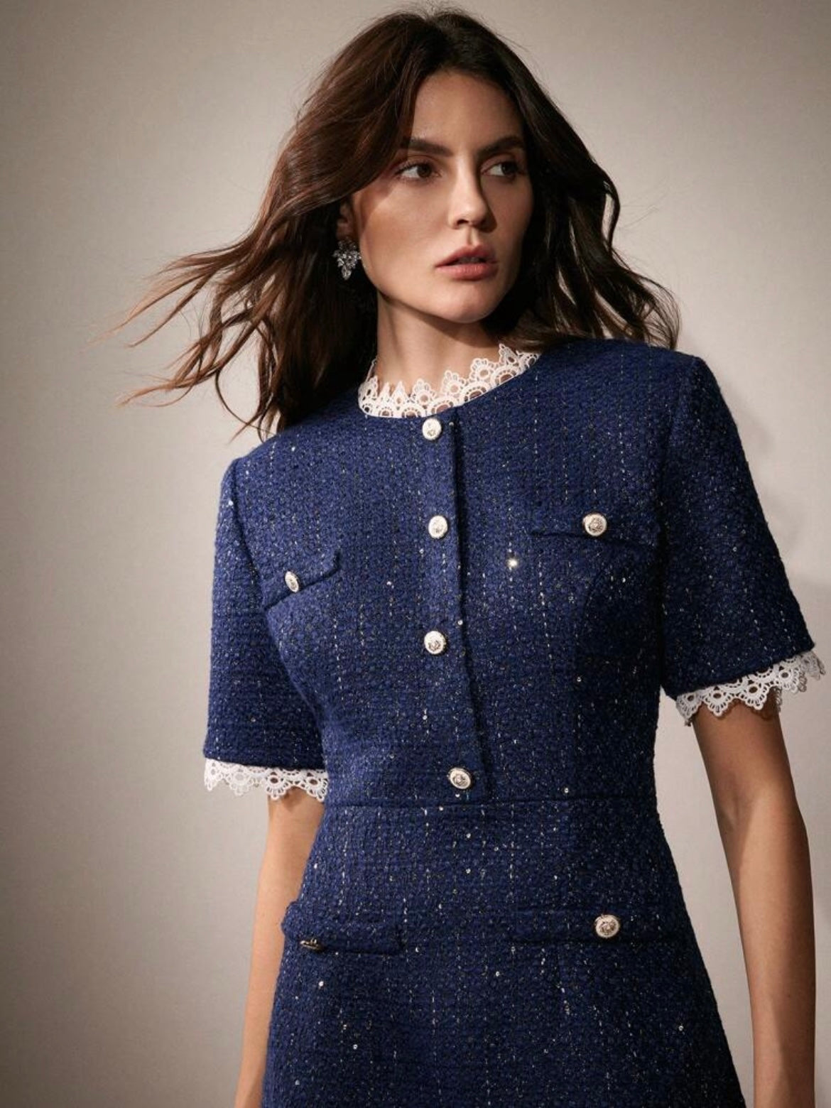 CM-DS959595 Women Elegant Seoul Style Lace Trim Button Decor Knee-Length Dress - Navy Blue