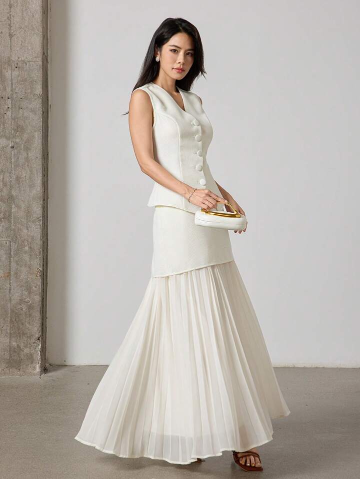CM-SS751230 Women Elegant Seoul Style V-Neck Sleeveless Button Front Suit Vest With Pleated Long Skirt - Set
