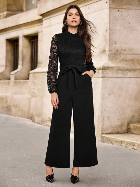 CM-JS699929 Women Elegant Seoul Style Contrast Lace Lantern Sleeve Belted Wide Leg Jumpsuit - Black