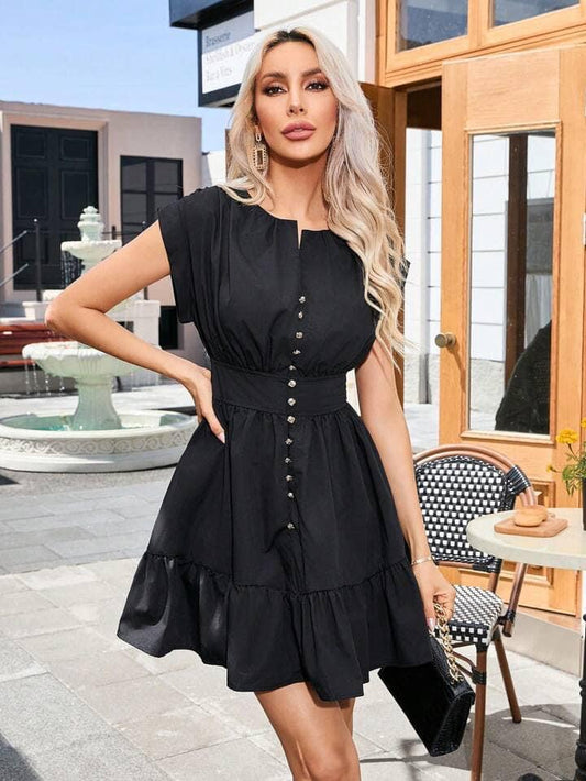 CM-DS595051 Women Casual Seoul Style Button Front Short Sleeve Waist Tie Mini Dress - Black