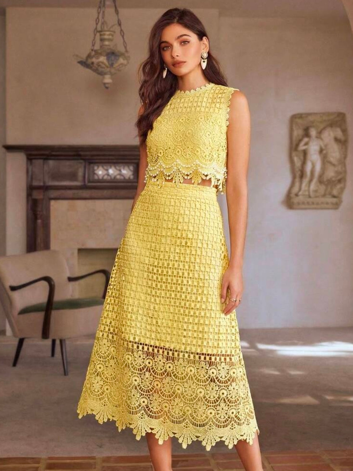CM-SS980963 Women Elegant Seoul Style Round Neck Sleeveless Pearl Decor Hollow Lace Trim Top With Long Skirt - Set